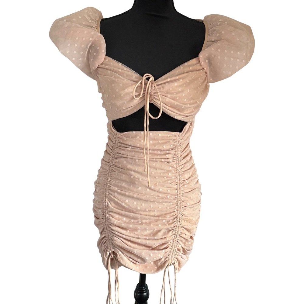 LPA Blush Pink Ruched Polka Dot Mini Dress XS Puff Sleeve Cutout Tie Front - Picture 5 of 6
